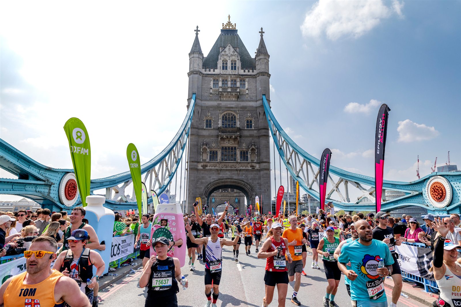 Runners crossing Tower Bridge during the London Marathon